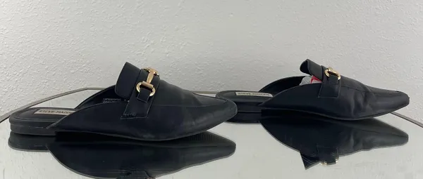 Black Leather Fortress Horse Bit Pointed Toe Slip On Loafer Mules - Image 4