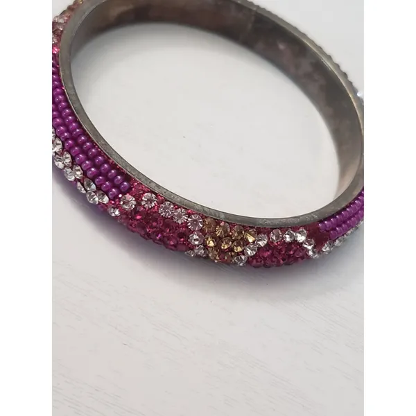 Vintage Bracelet / Bangle - Pink, Clear Gems & Light Gold Tone Gems 7" - Image 7