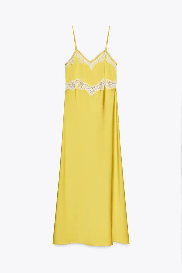 Zara Elegant Yellow Slip Dress with Lace Trim - Image 7