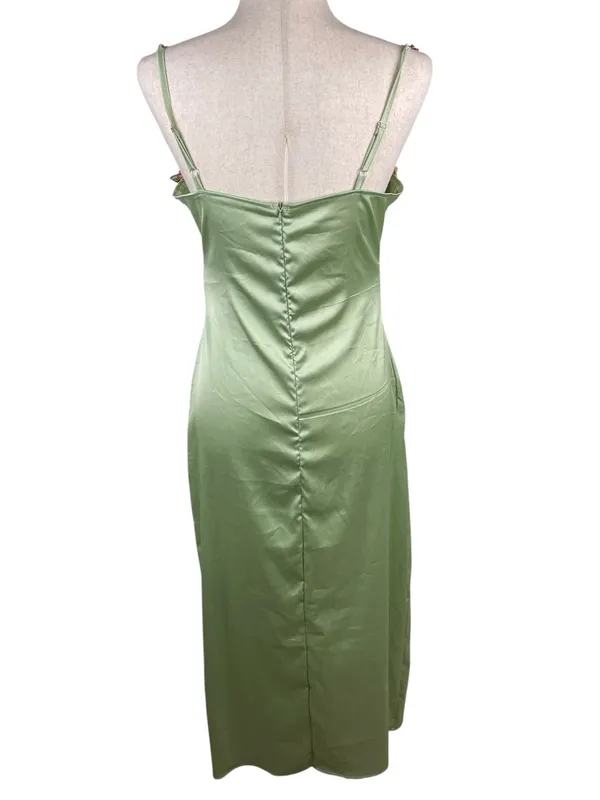Y2K Fairycore Green Satin Slip Maxi Dress Size Medium Flower Strap Bodycon - Image 3