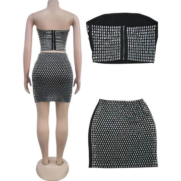 NWT Sequin Rhinestone Tube Top and Mini Skirt Two Piece Set Black Silver Med‎ - Image 5