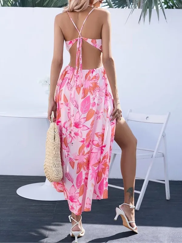 Pink Floral Maxi Dress with Spaghetti Straps - Image 2