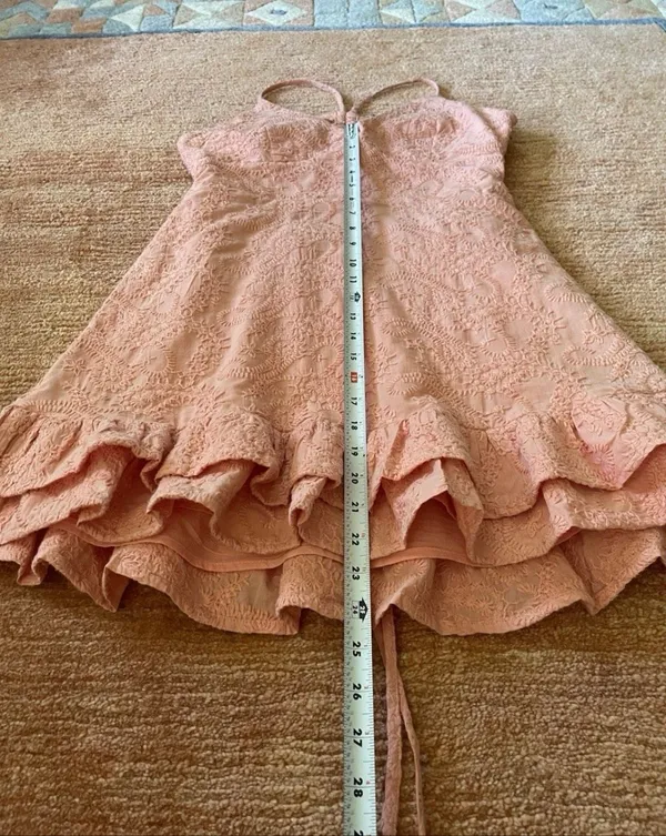 MINKPINK Pink Embroidered Mini Dress Size L Open Back Ruffle Hem - Image 5