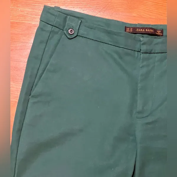 ZARA Green‎ Cotton Stretch Cropped Ankle Pants Button Details Size 4 1628/225 - Image 4