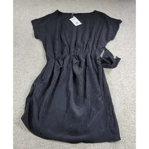 Yoins Womens Wrap Dress Large Black Tie Crewneck Short Sleeve Ruched Mini NEW - Image 8