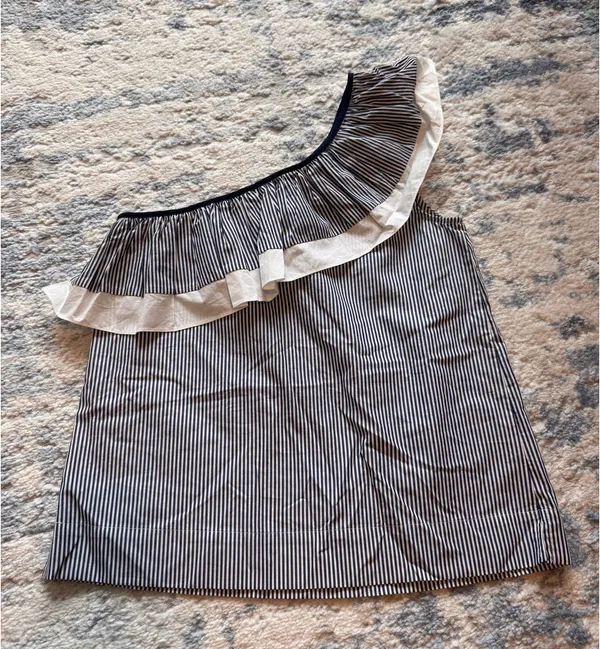 J.Crew One-Shoulder Ruffle Top - Blue and White Stripe - Image 4