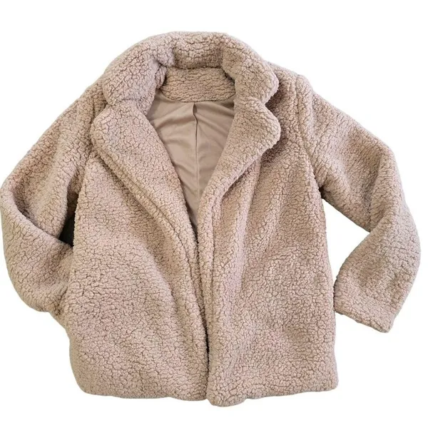 Womens NWOT Beige Sherpa Fleece open front Jacket oversized warm size small - Image 2