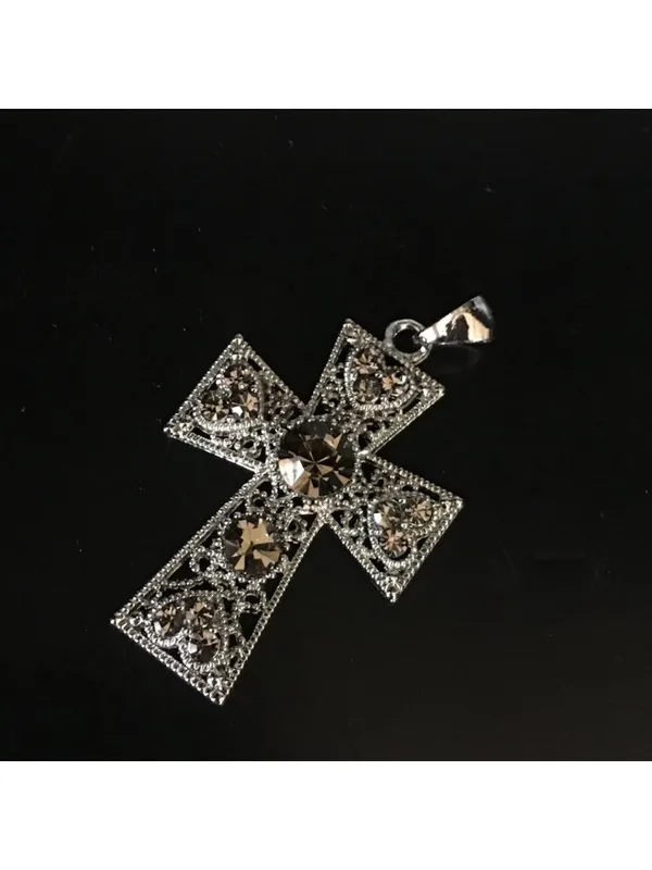 Cross Pendant Silver-tone Filigree With Amber Crystal Stones - Image 2