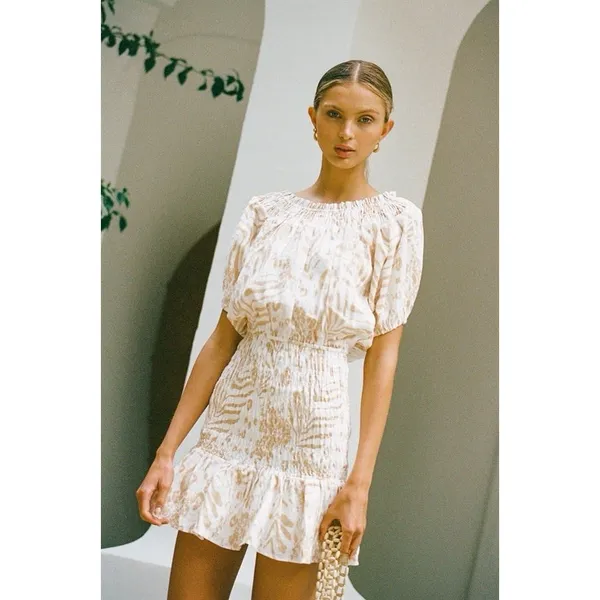 SABO LUXE Camari Linen Dress Smocked Patterned Ruffle Hem‎ White Beige Women's S - Image 4