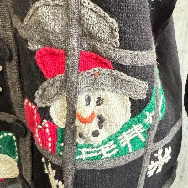 Vintage Santa Snowman Reindeer Cardigan Sweater large embroidery knit‎ whimsical - Image 6