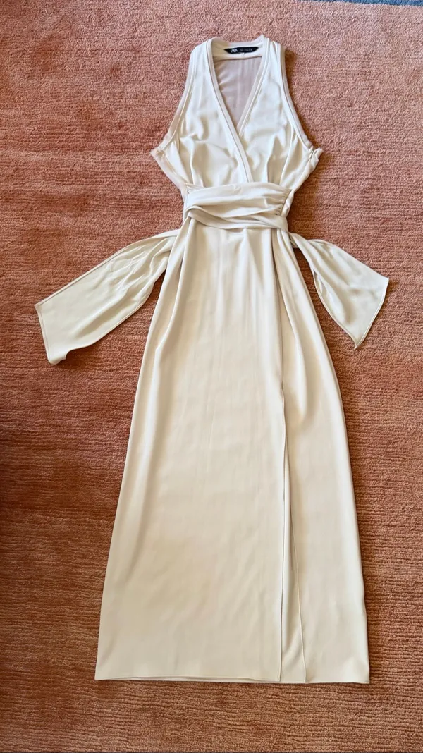 ZARA Ivory Wrap Style MIXED SEMI-SHEER SLIP DRESS size S - Image 2