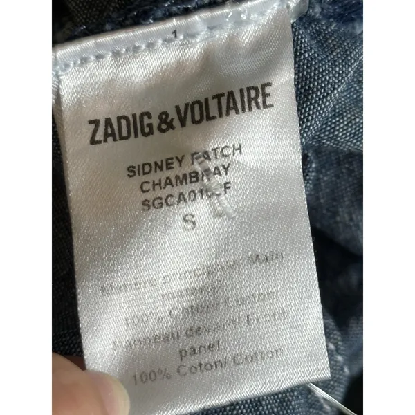 Zadig & Voltaire Sidney Patch Denim Overalls Size Small Blue Chambray Stripe - Image 11