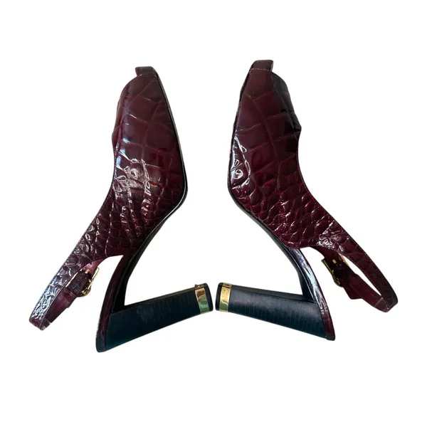 Tory Burch Allison Croc Patent Slingback Peep Toe‎ Block Heels 8 Bordeaux - Image 4