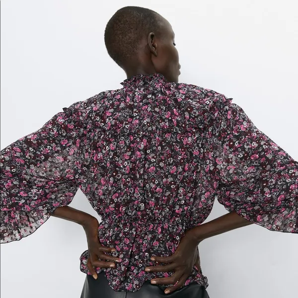 Zara RUFFLED PRINT HIGH COLLAR BLOUSE Black/Pink - Image 3