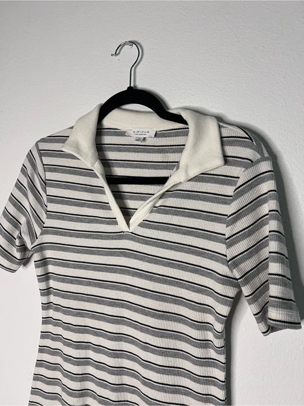 Women grey stripped polo collared dress - Image 2