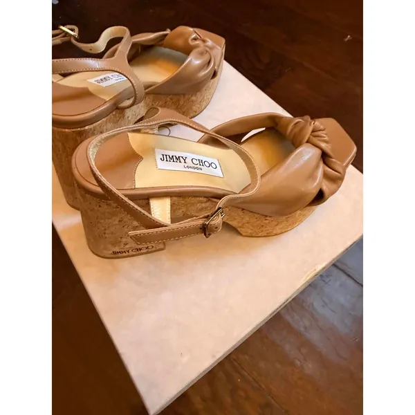 Jimmy Choo Beige Leather Platform Sandals with Cork Heel - Image 5