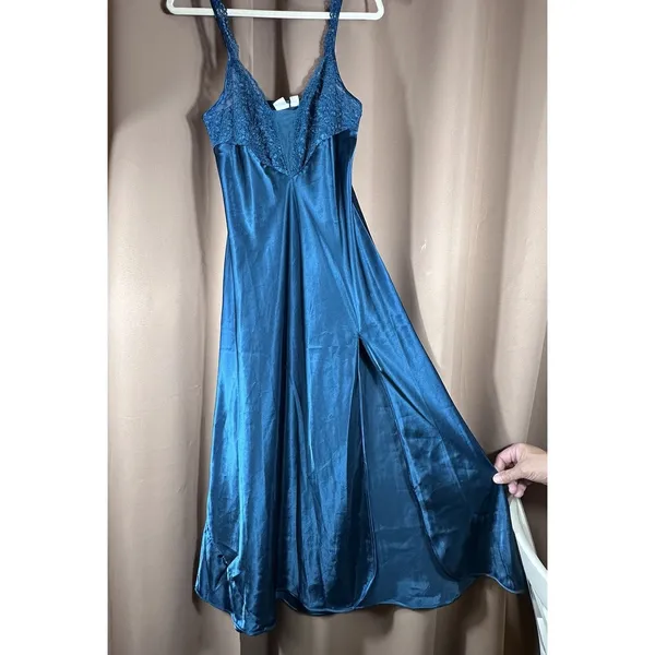 Victoria's Secret Gold Label Teal Satin Lace Nightgown M Lingerie Elegant Vintage - Image 3