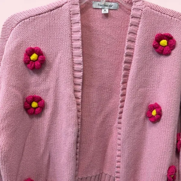 Francesca’s Pink Floral 3D Cardigan Chunky Knit Sweater Medium - Image 2