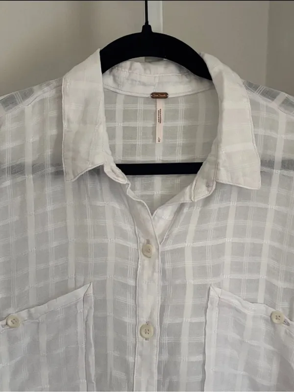 Free People Loveland Women’s White Button-Up Long Sleeve Windowpane Plaid Size L - Image 5