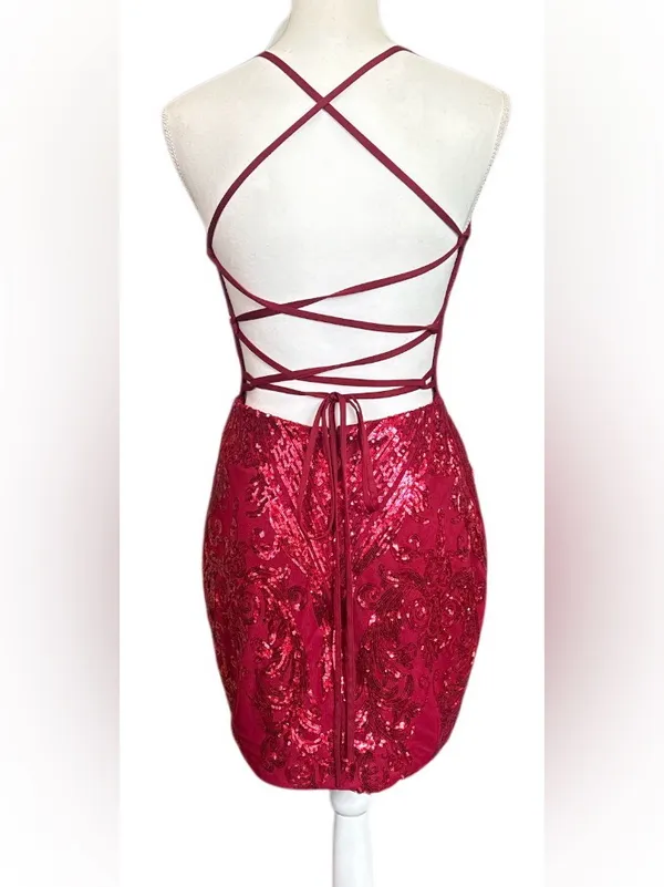 Pomuyoo rury Red Sequin Mini Dress with Spaghetti Straps Size 8 - Image 5