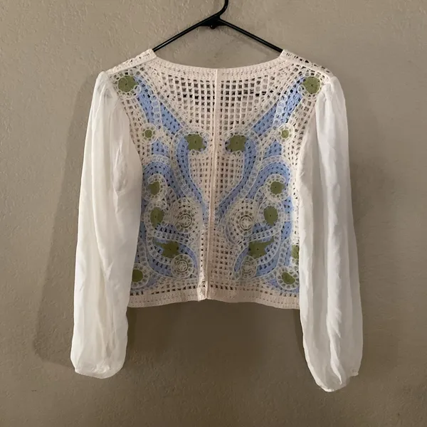 Mexican Crochet Floral Cardigan Women Size S Green Balloon Sleeve Boho NWOT - Image 7