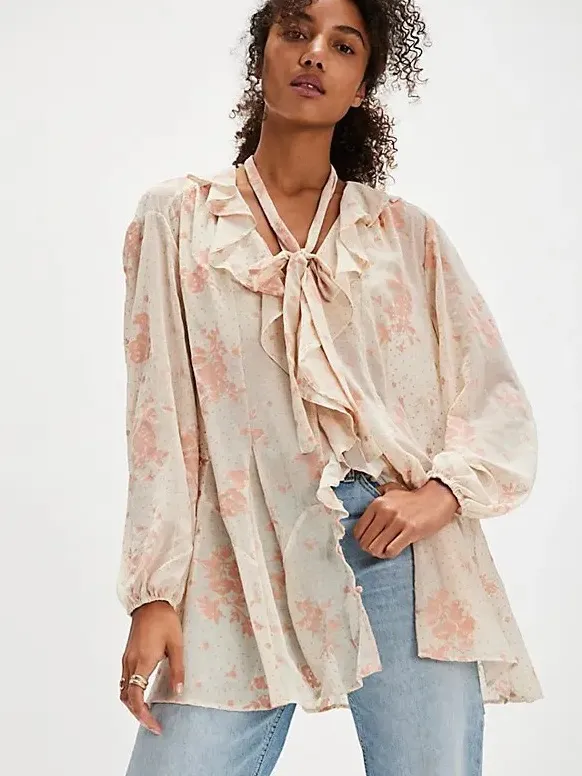 Free People Women’s Dreamland Printed Tunic Top Semi-Sheer in Floral Print L - Image 3