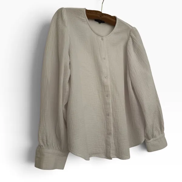 VICI White Cotton Gauze Puff Sleeve Button Down Blouse Top S Coastal Grandma - Image 2