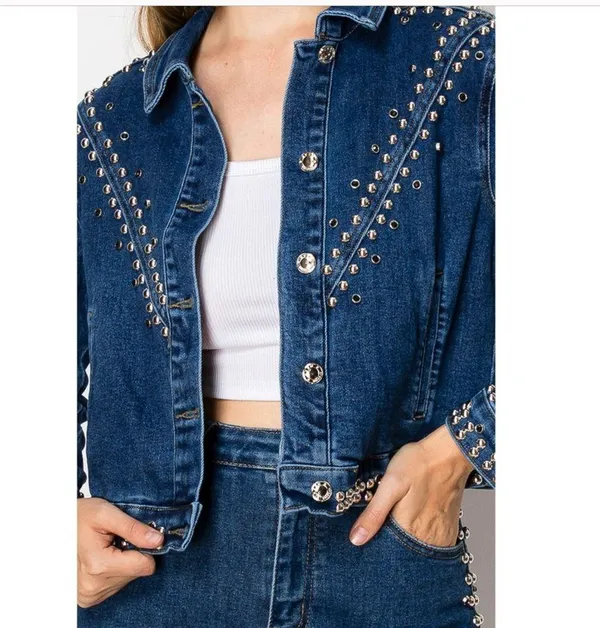 Studded Blue Denim Jacket and Jeans Set Size L - Image 4