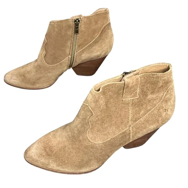 Frye‎ Reina Ankle Boots 10 Cognac Suede Western Ankle Zip Stacked Heel Booties - Image 2