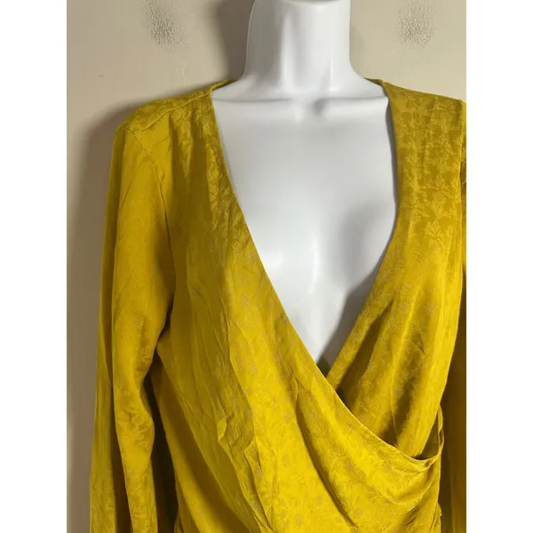 Anthropologie Mustard Floral Jacquard Surplice Balloon Sleeve Wrap Blouse Size S - Image 4