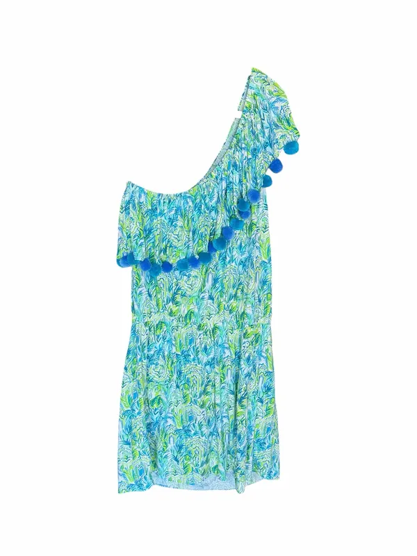 Lilly Pulitzer - Idara One-Shoulder Pom Pom Romper Blue Green Sz M - Image 5