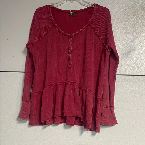 Free People WE THE FREE COASTAL PEPLUM THERMAL TOP BLOUSE RED/PINK MEDIUM - Image 2