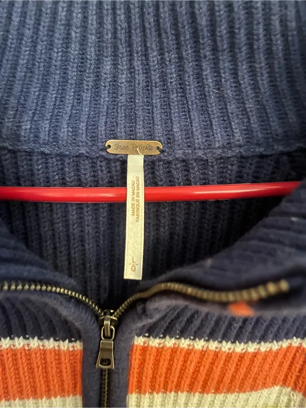 Free People Cropped Navy Stripe Half-Zip Turtleneck Sweater - Image 5