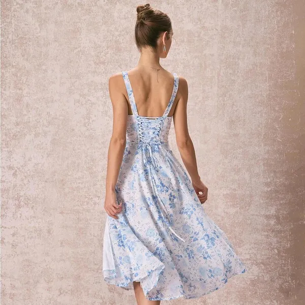 RIHOAS The Blue Square Neck Floral Ruched Midi Dress XS - Image 4