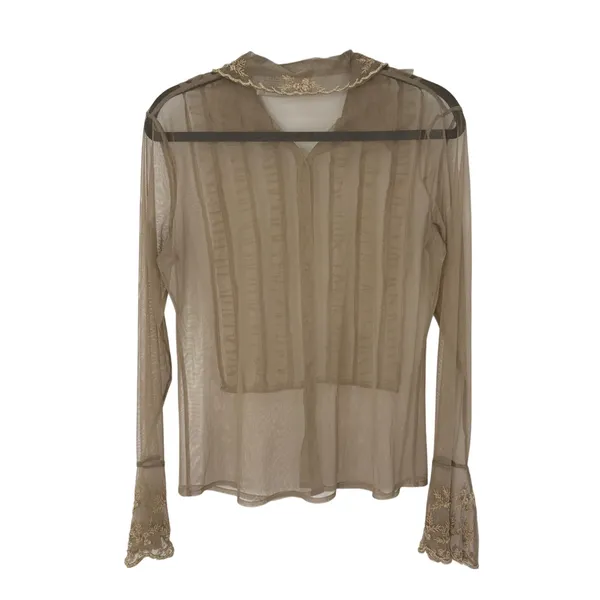 Newport News Vintage Sheer Mesh Blouse Size 8 Embroidered Lace Ruffle Y2K - Image 4