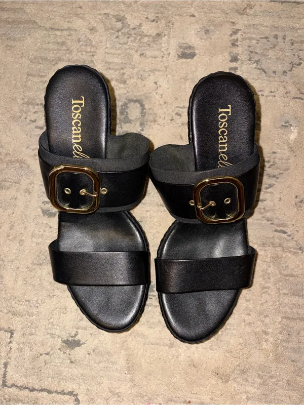 Black Slide Sandals with Gold Buckle Accent Size 8 - Image 2