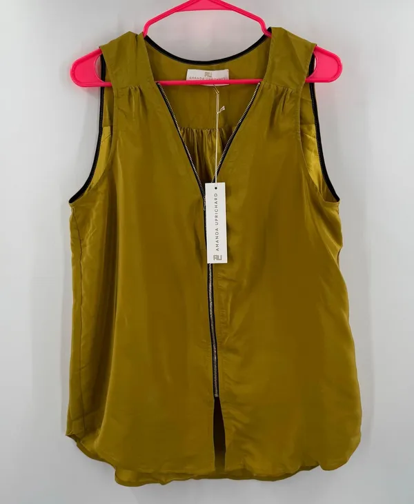 Amanda Uprichard Blouse Large NWT Mustard 100% Silk Zip Sleeveless Chartreuse - Image 9