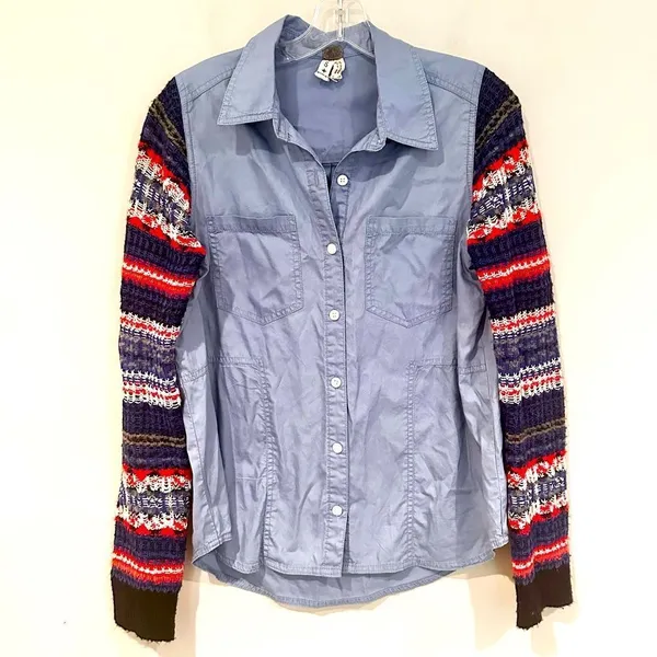 Free People We The Free Chambray Sweater Sleeve Shirt Women's Small Light Blue‎ - Image 5