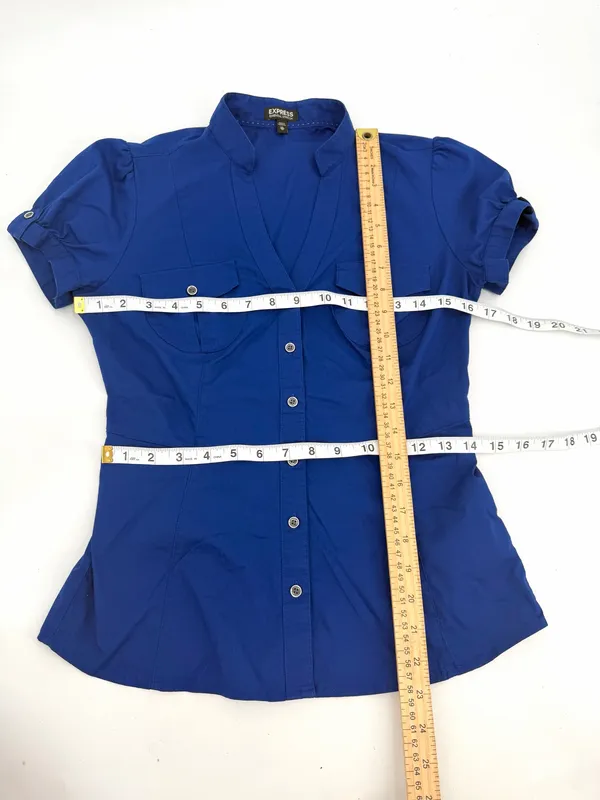 Express Blouse Women’s XS Cobalt Blue Essential Stretch Button Up Preppy Top - Image 7