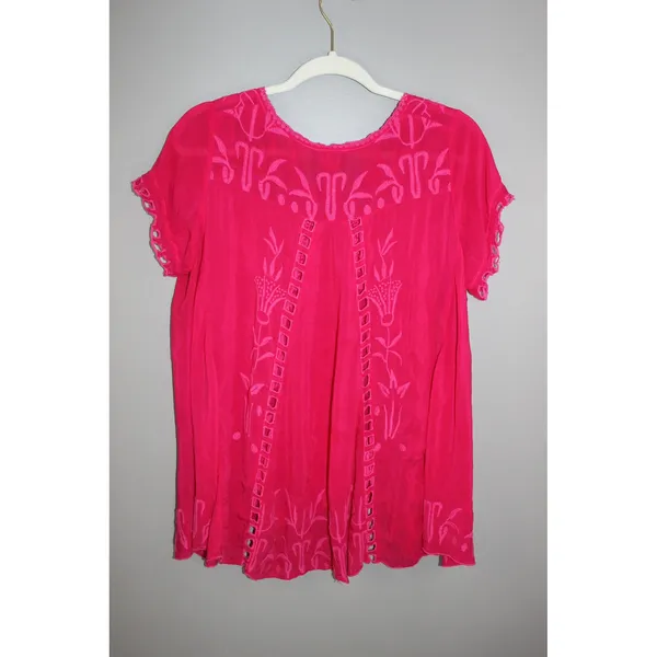 Johnny Was Tunic Top Womens L Pink Great Embroidered Crochet Rayon C17318-2 - Image 4