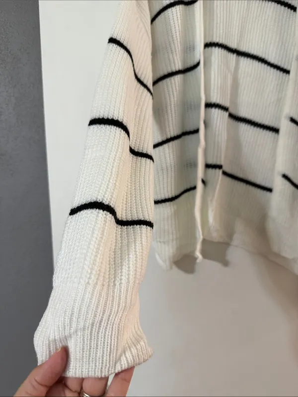 Cozy Casual White Open-Front Cardigan with Black Stripes - Image 4
