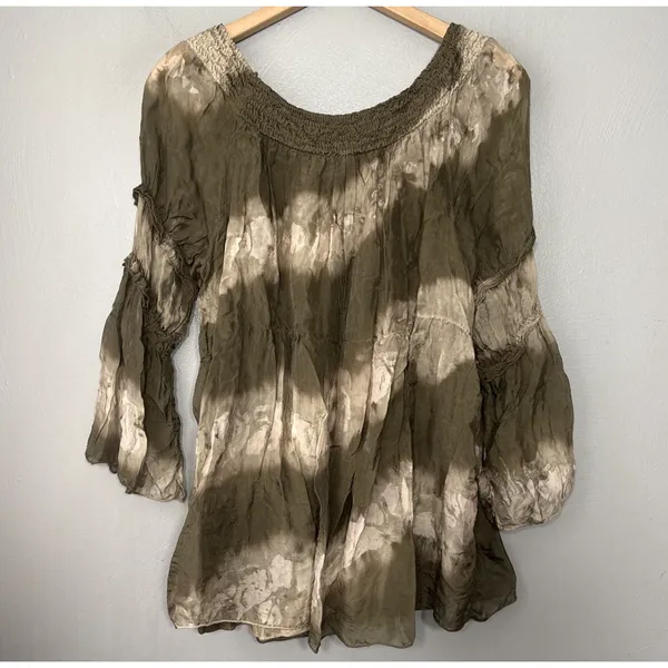 Tempo Paris Silk Peasant Top Size S M Green Tie Dye Fairy Grunge Artsy Ren Faire - Image 4