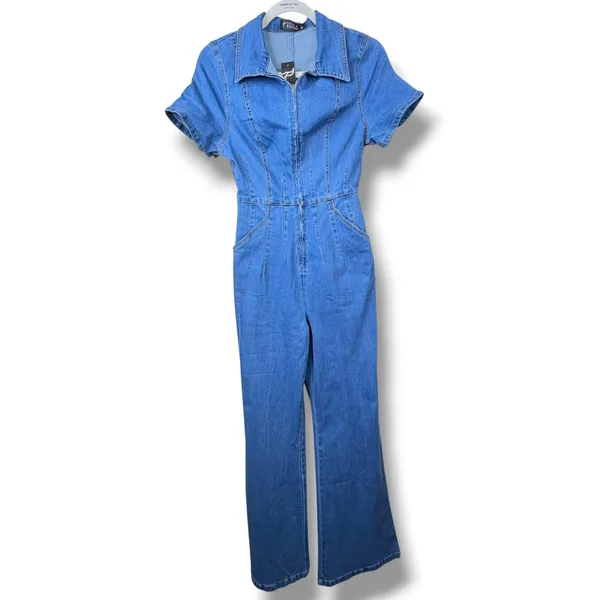 NEW Lucky & Blessed Denim Stretchy Short Sleeve Zip Up Flare Leg Jumpsuit XS - Image 6
