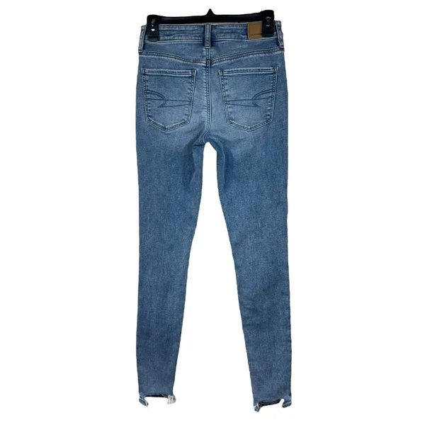 American Eagle SZ 4 LONG Hi-Rise Jegging Jeans Soft Knit Chewed Hems Whiskered - Image 4