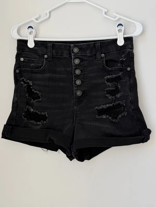 American Eagle Curvy Super High Rise Shortie Distressed Black Shorts Size 10 - Image 2