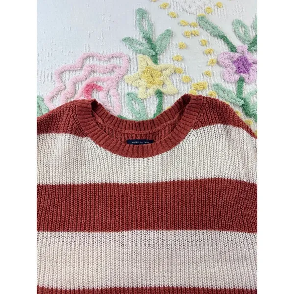 American‎ eagle Striped Knit Sweater Coral White Oversized Casual Cozy Top M - Image 4