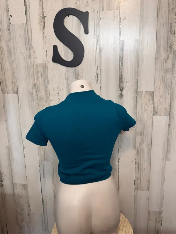 Popular Basics Popular 21 Seamless Ribbed Mock Neck Crop Top Womens S/M Teal Blue Short Sleeve - Image 3