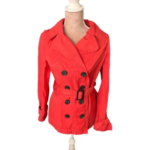 St. John's Bay Womens Sz S Orange Trench Coat Belted Pea Coat Lightweight Cotton - Image 2
