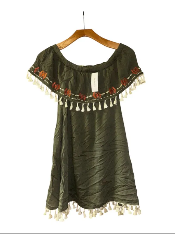 miami Olive Strapless Tassel Embroidered Swing Dress - Image 2