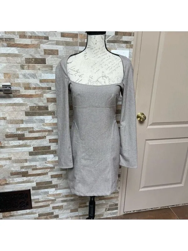 Zara Mini Shift Dress Brown Plaid Long Sleeve Square Neck Business Casual Sz M - Image 5